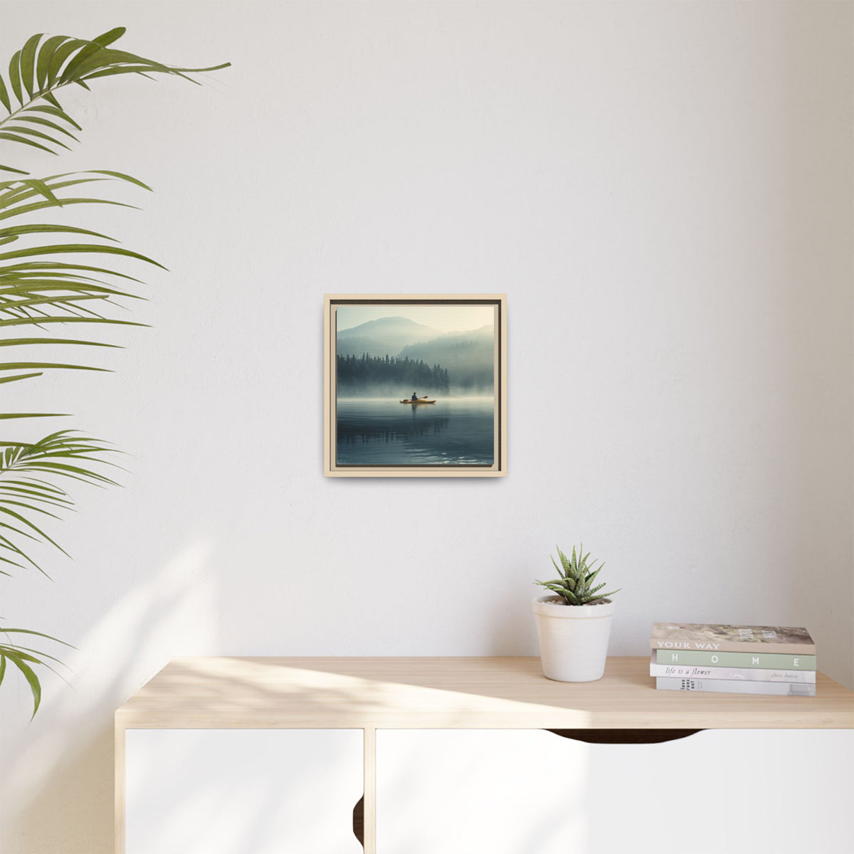 Lake Life Framed Matte Canvas: Misty Lake Kayaker Wall Art