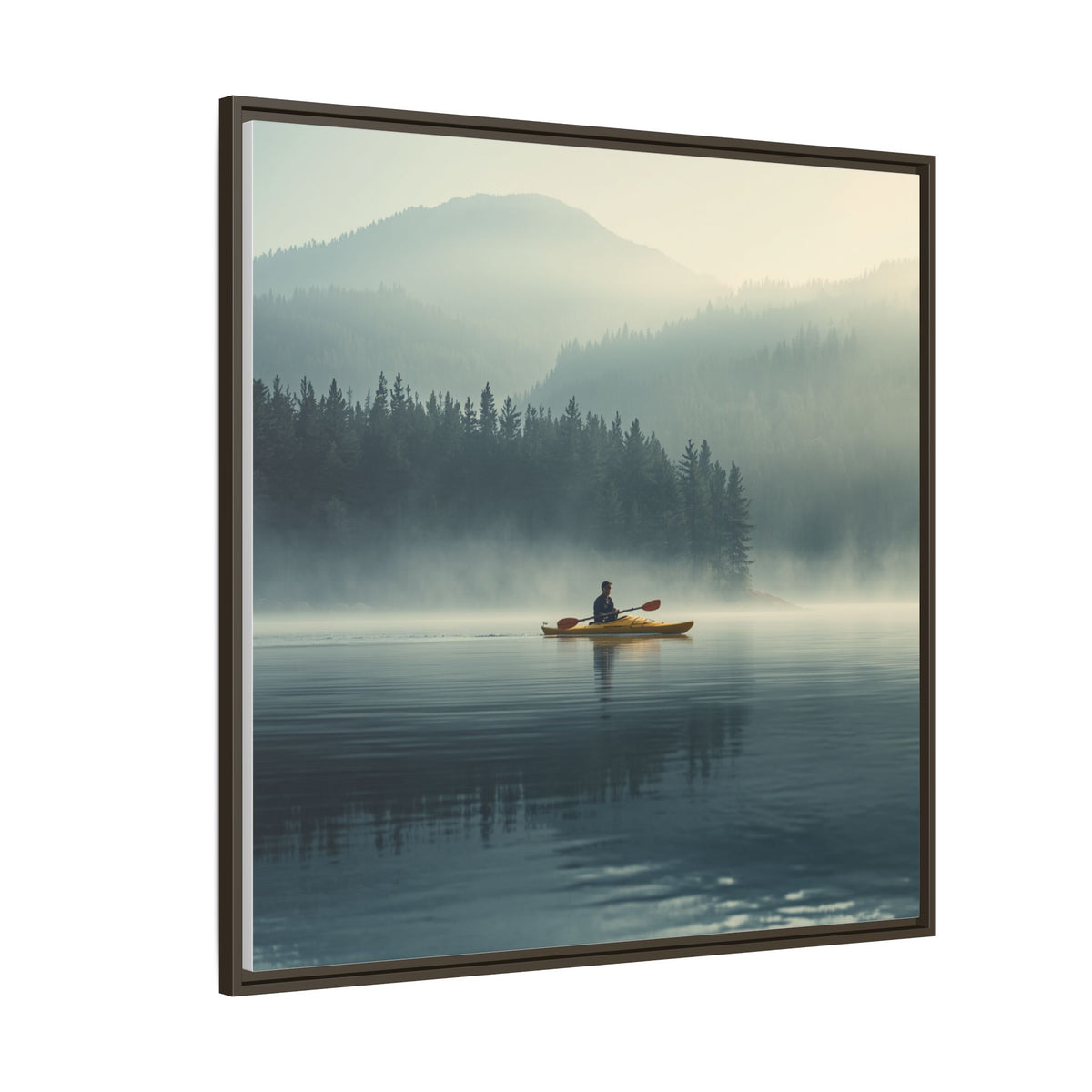 Lake Life Framed Matte Canvas: Misty Lake Kayaker Wall Art