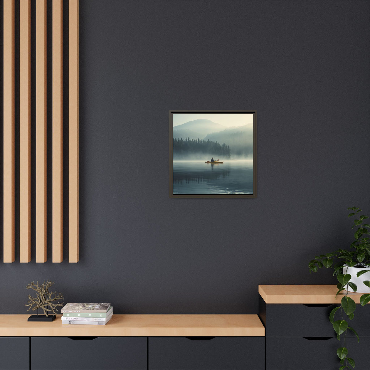 Lake Life Framed Matte Canvas: Misty Lake Kayaker Wall Art