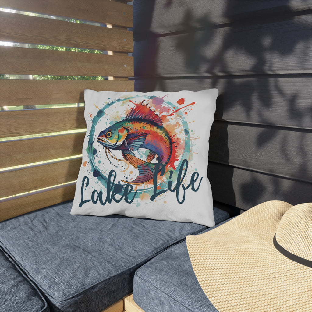 Lake Life Outdoor Pillow — Colorful Watercolor Catfish Accent Cushion