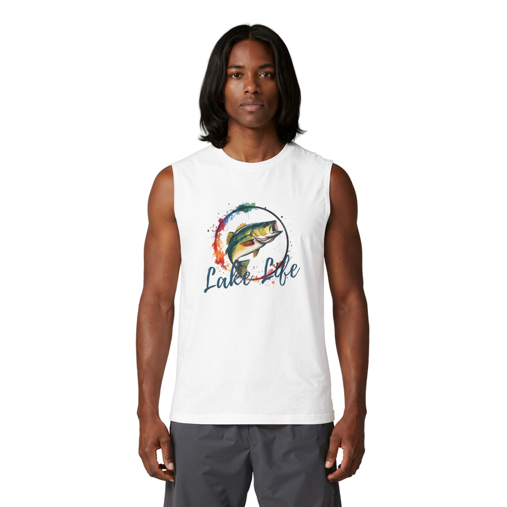 Lake Life Fishing Muscle Tank — Watercolor Bass Graphic