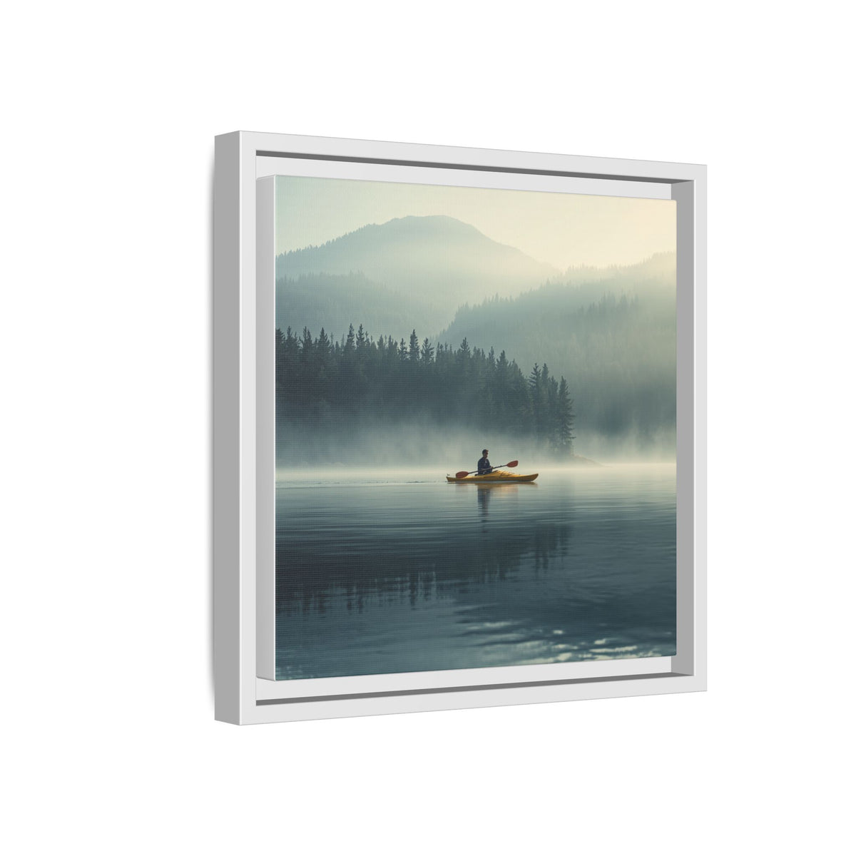 Lake Life Framed Matte Canvas: Misty Lake Kayaker Wall Art