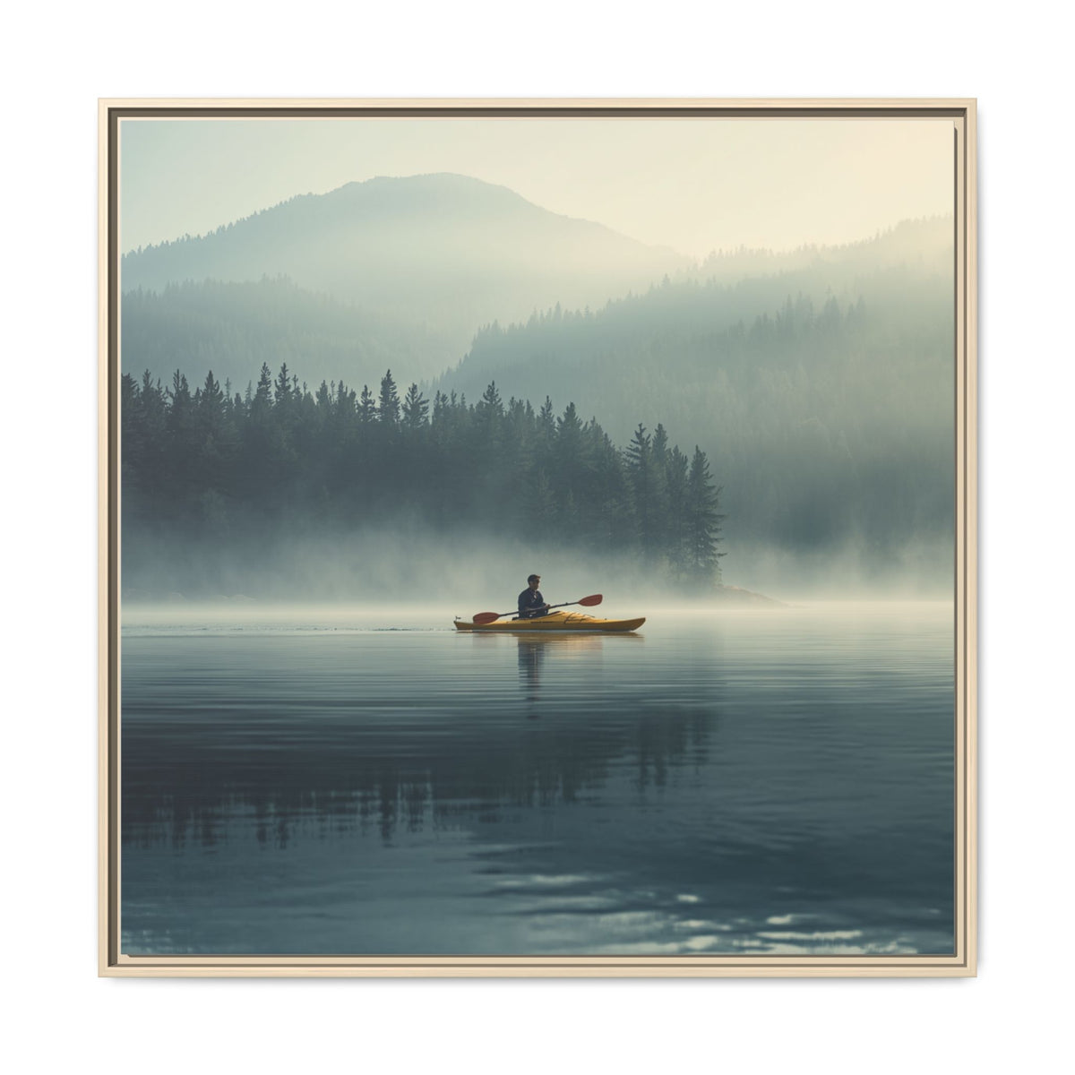 Lake Life Framed Matte Canvas: Misty Lake Kayaker Wall Art