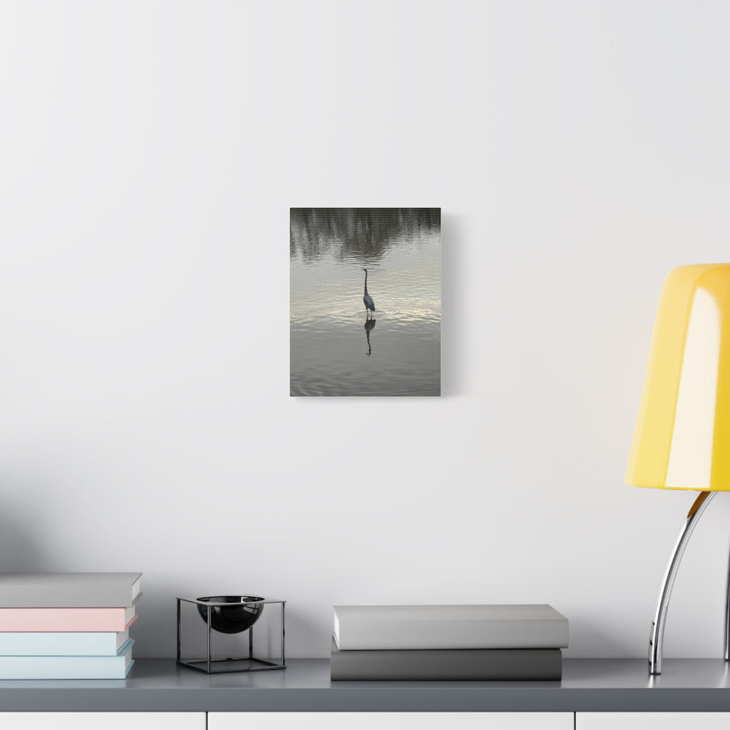 Lake Life Blue Heron Reflection Matte Stretched Canvas – Serene Wall Art