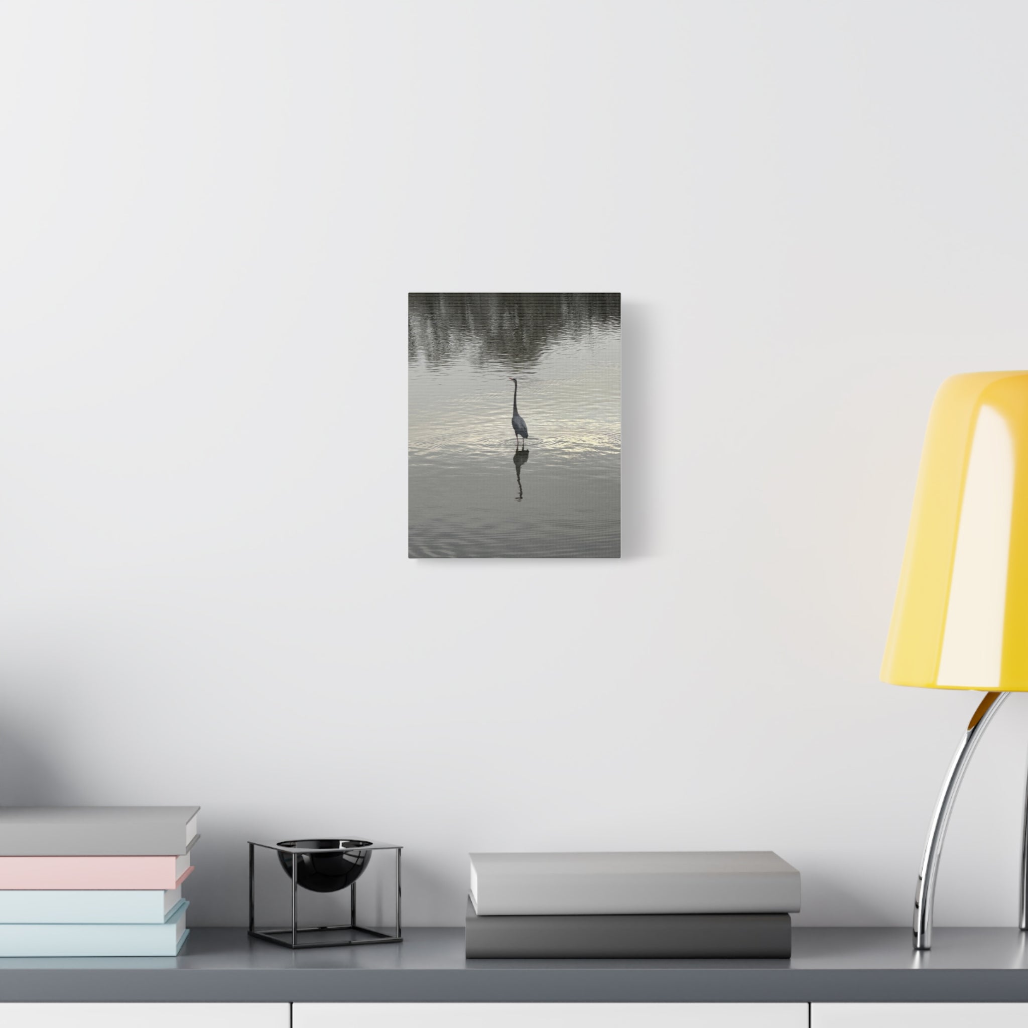 Lake Life Blue Heron Reflection Matte Stretched Canvas – Serene Wall Art