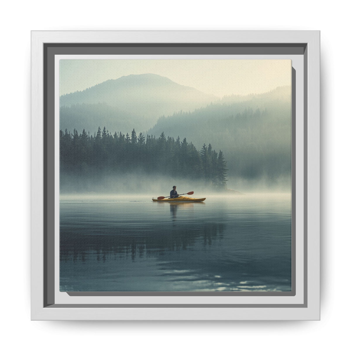 Lake Life Framed Matte Canvas: Misty Lake Kayaker Wall Art