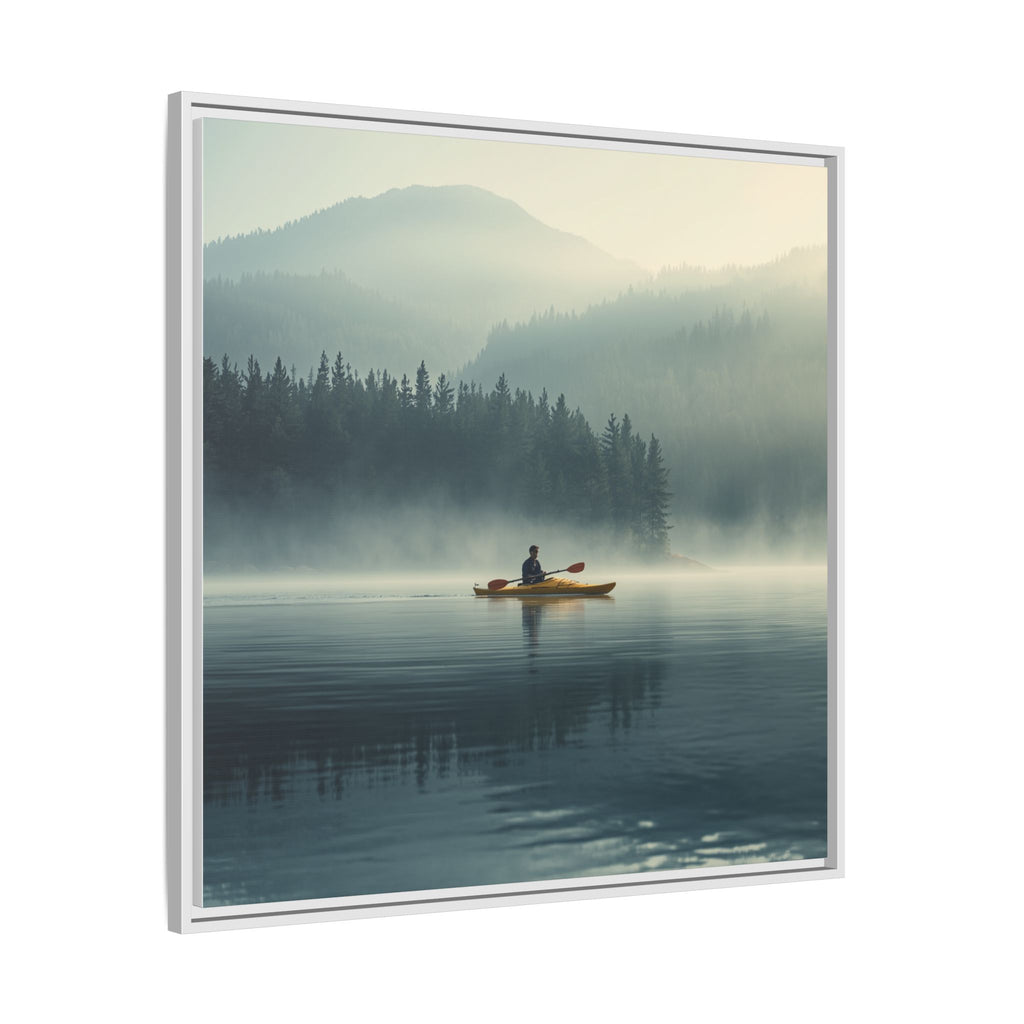 Lake Life Framed Matte Canvas: Misty Lake Kayaker Wall Art
