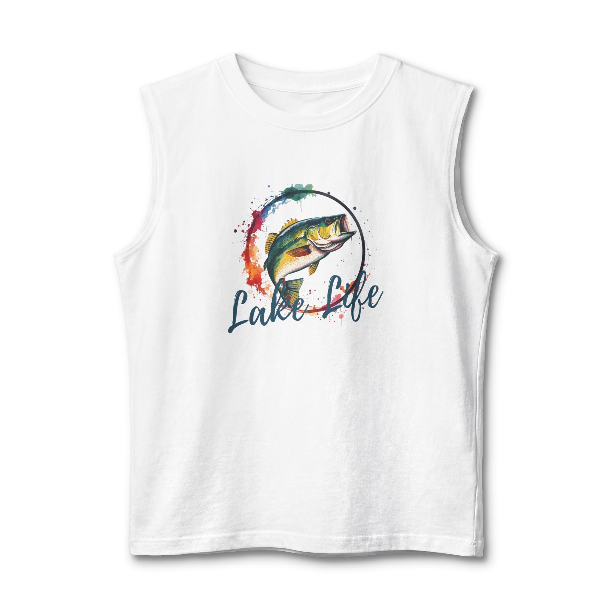 Lake Life Fishing Muscle Tank — Watercolor Bass Graphic