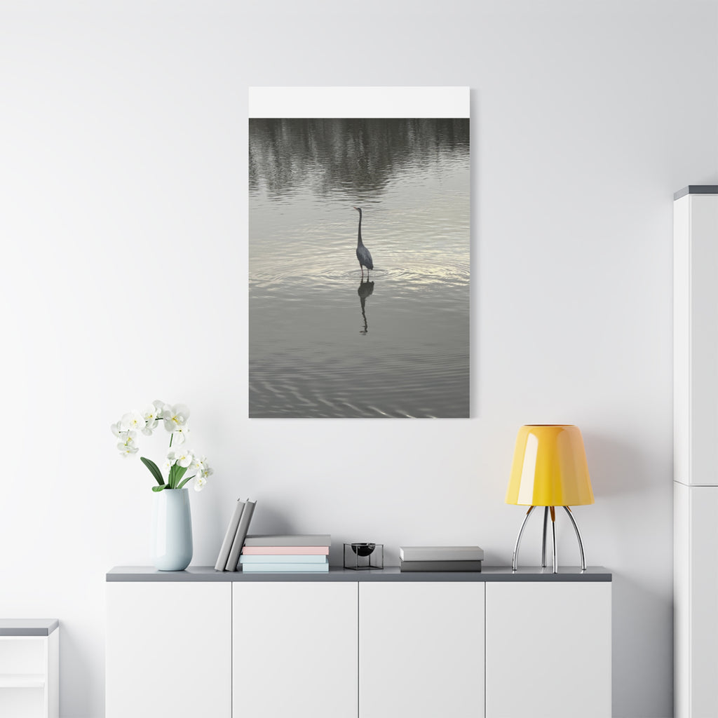 Lake Life Blue Heron Reflection Matte Stretched Canvas – Serene Wall Art