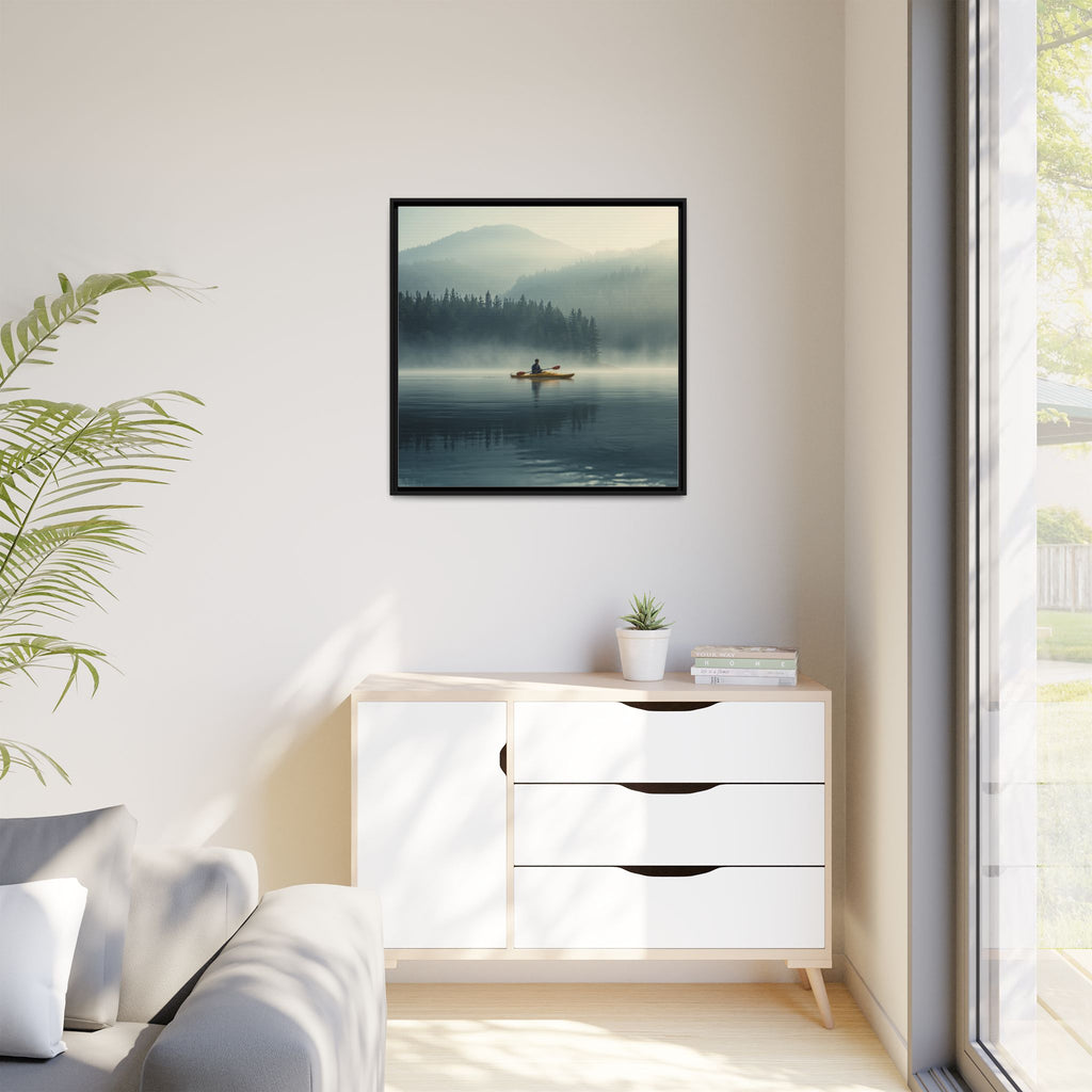 Lake Life Framed Matte Canvas: Misty Lake Kayaker Wall Art