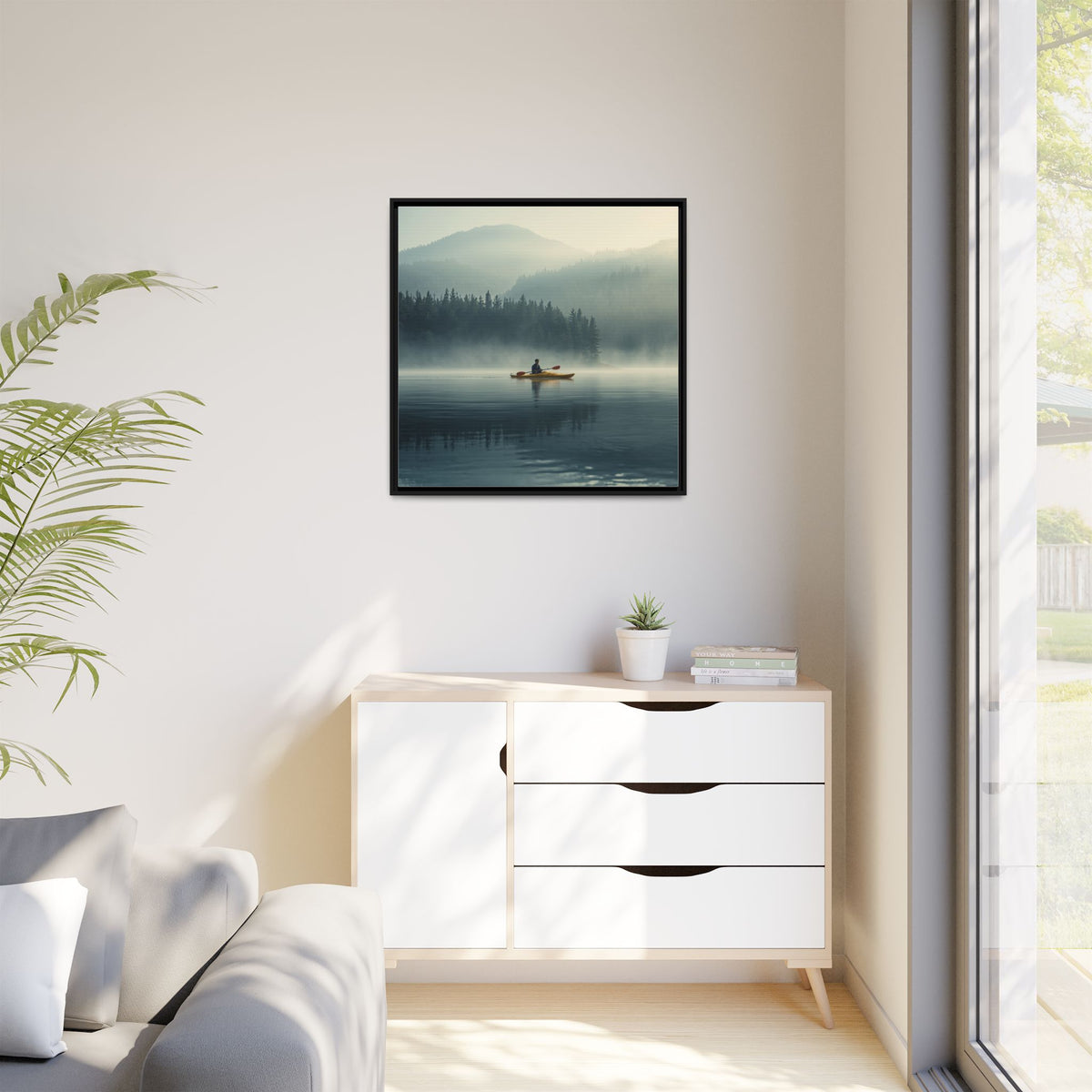 Lake Life Framed Matte Canvas: Misty Lake Kayaker Wall Art