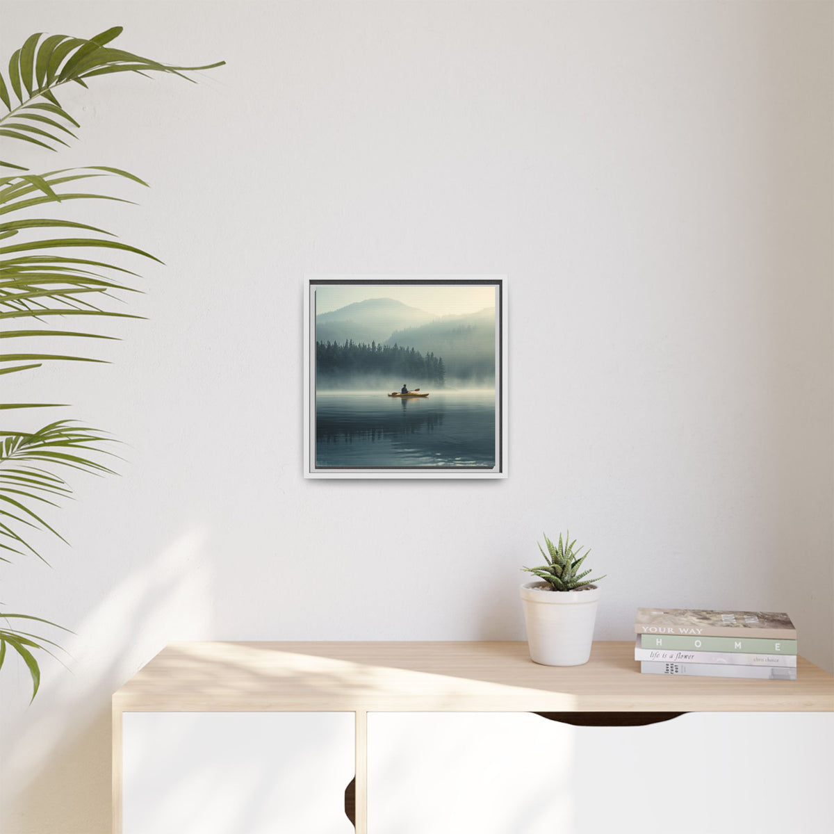 Lake Life Framed Matte Canvas: Misty Lake Kayaker Wall Art