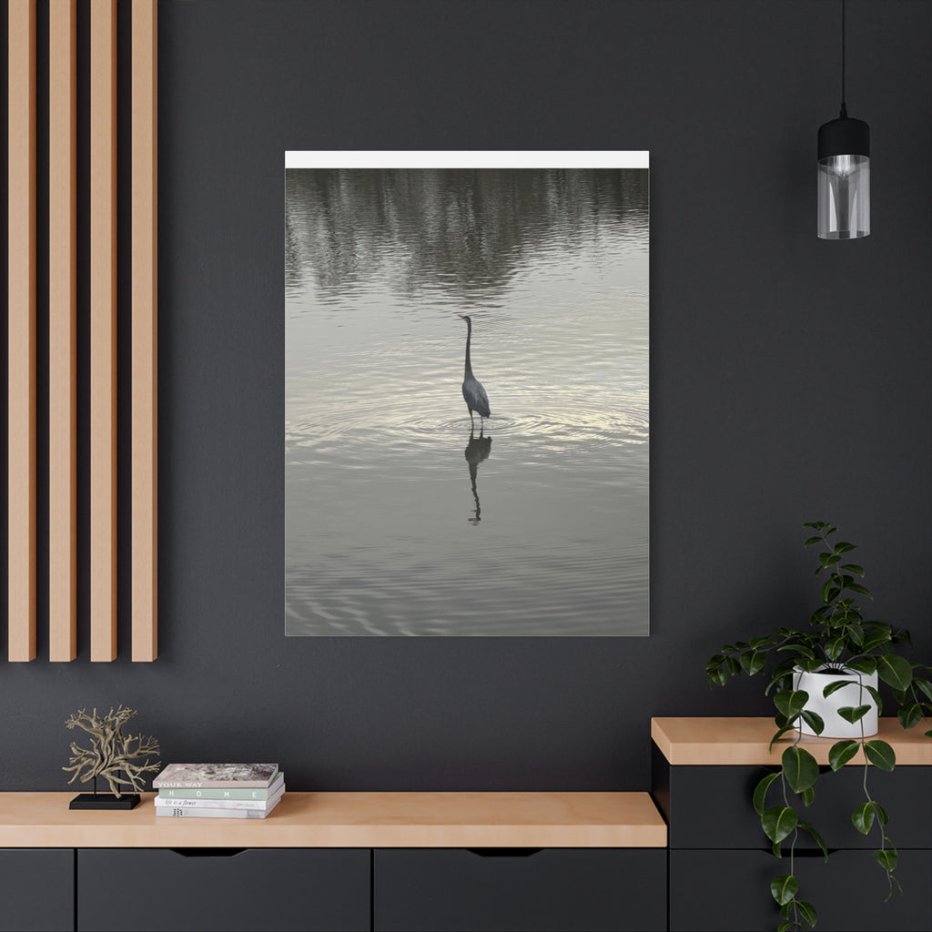 Lake Life Blue Heron Reflection Matte Stretched Canvas – Serene Wall Art