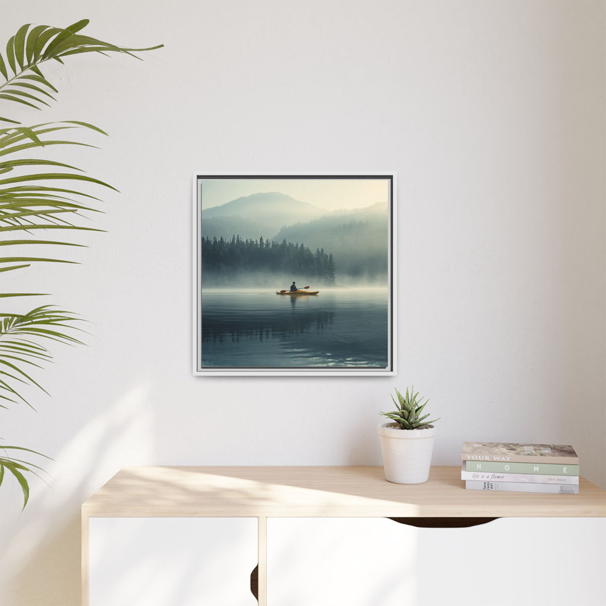 Lake Life Framed Matte Canvas: Misty Lake Kayaker Wall Art