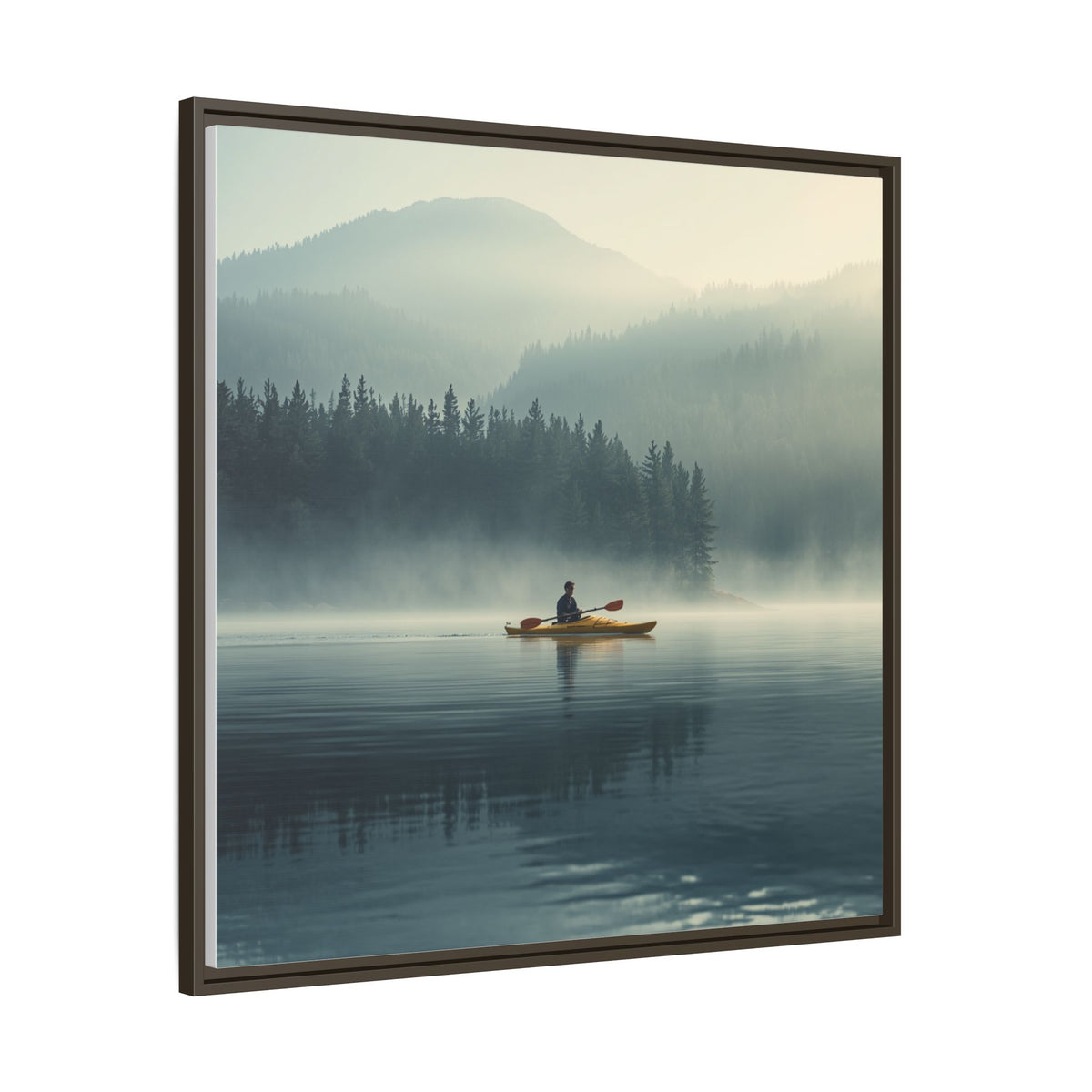 Lake Life Framed Matte Canvas: Misty Lake Kayaker Wall Art