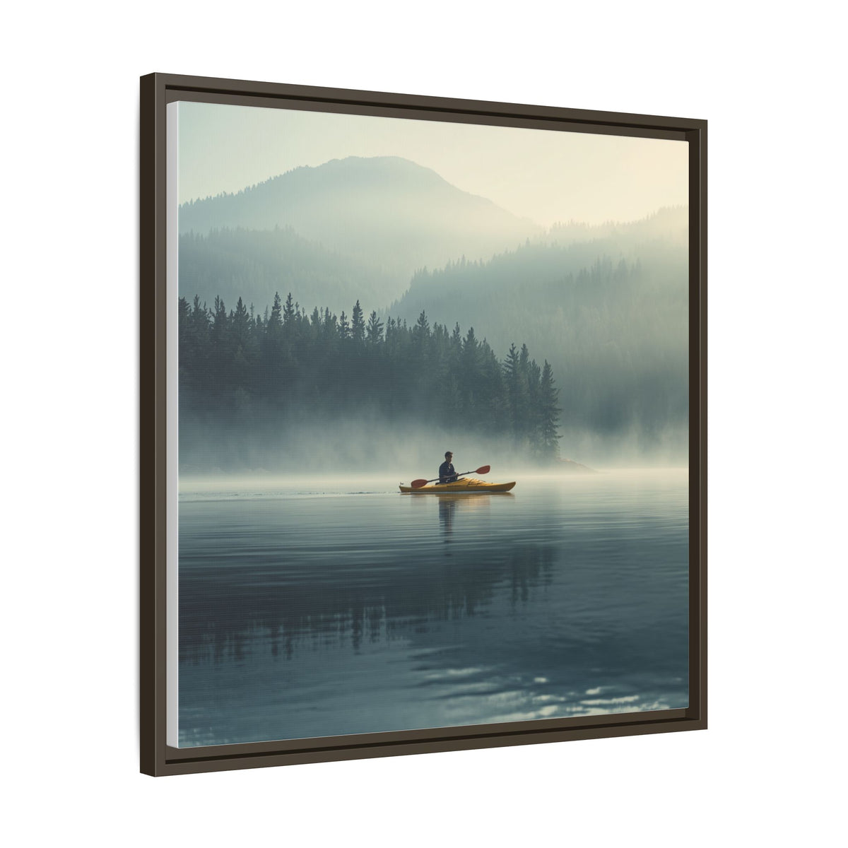 Lake Life Framed Matte Canvas: Misty Lake Kayaker Wall Art