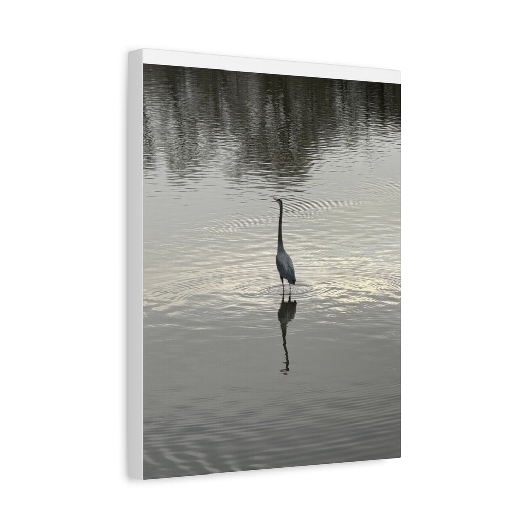 Lake Life Blue Heron Reflection Matte Stretched Canvas – Serene Wall Art