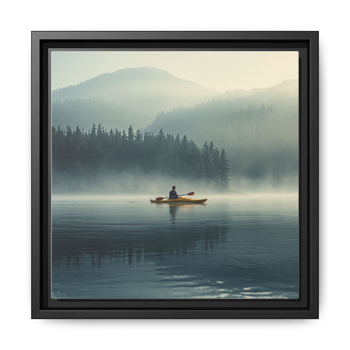 Lake Life Framed Matte Canvas: Misty Lake Kayaker Wall Art