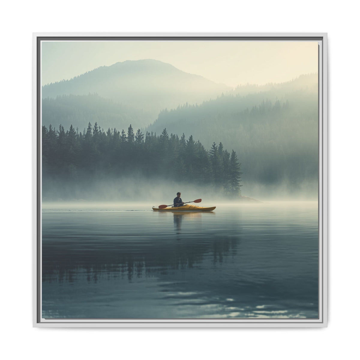 Lake Life Framed Matte Canvas: Misty Lake Kayaker Wall Art