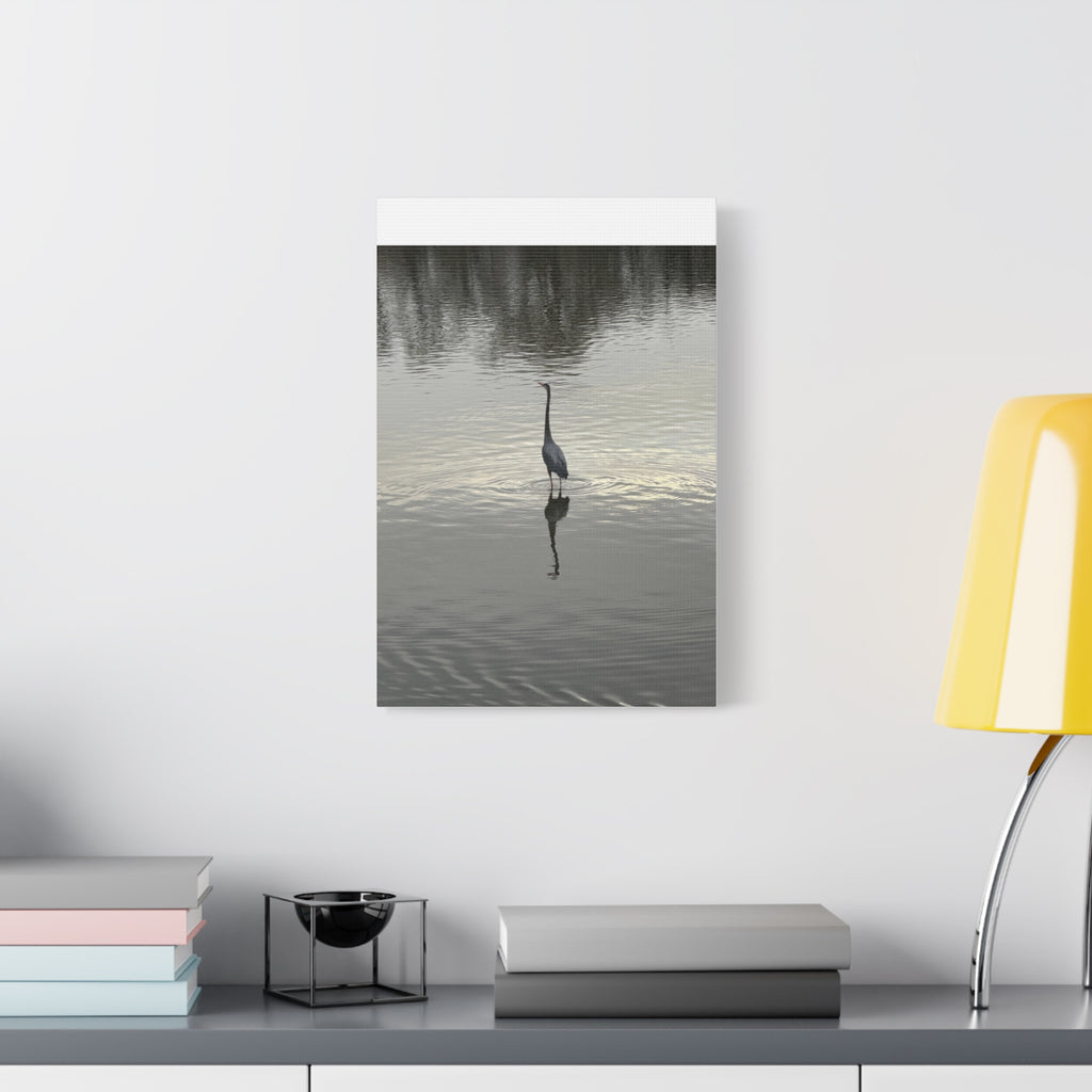 Lake Life Blue Heron Reflection Matte Stretched Canvas – Serene Wall Art