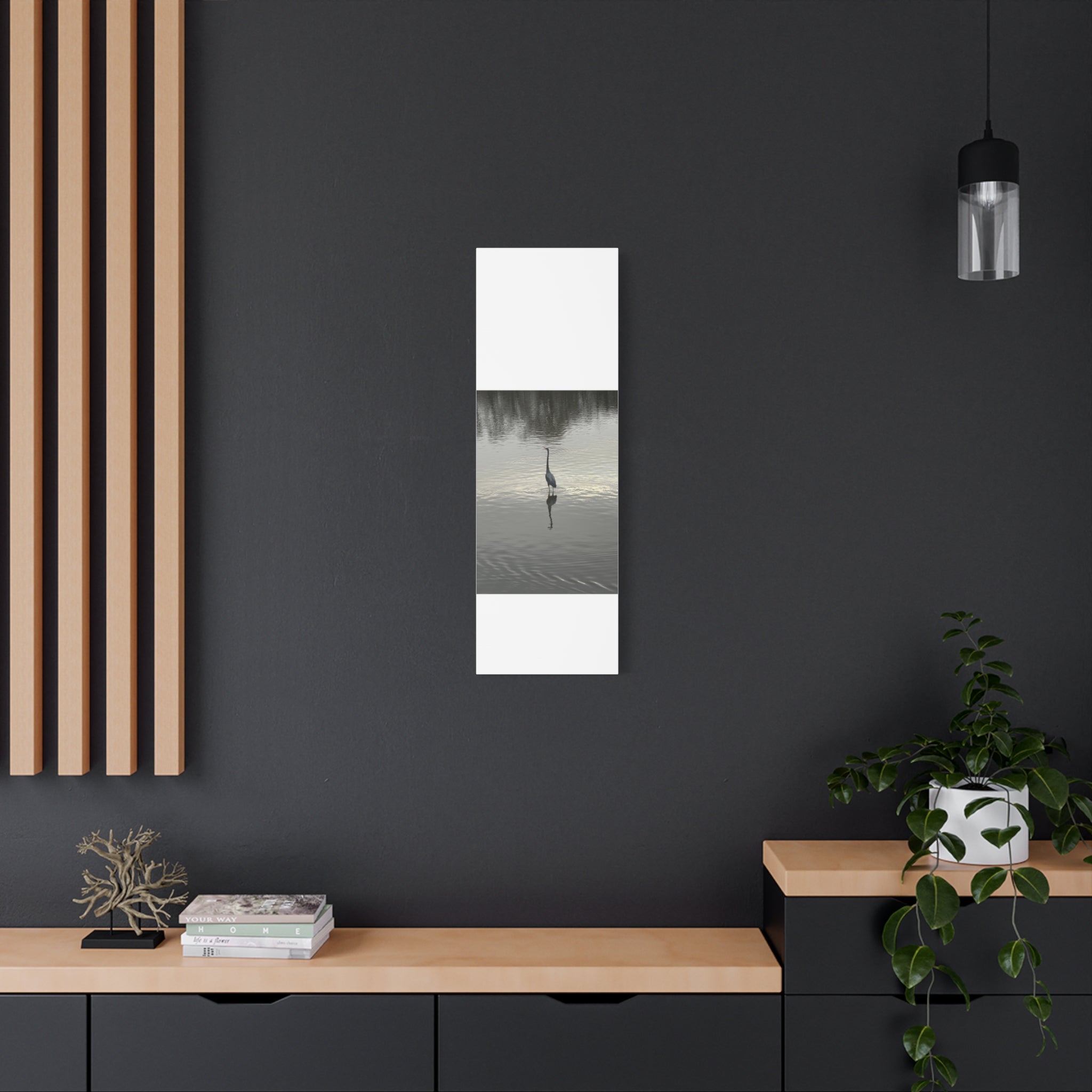 Lake Life Blue Heron Reflection Matte Stretched Canvas – Serene Wall Art