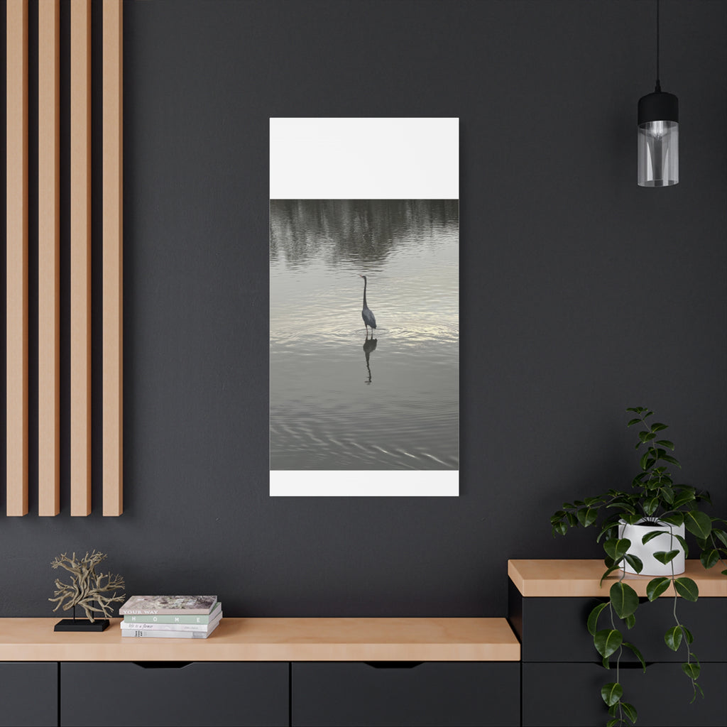 Lake Life Blue Heron Reflection Matte Stretched Canvas – Serene Wall Art