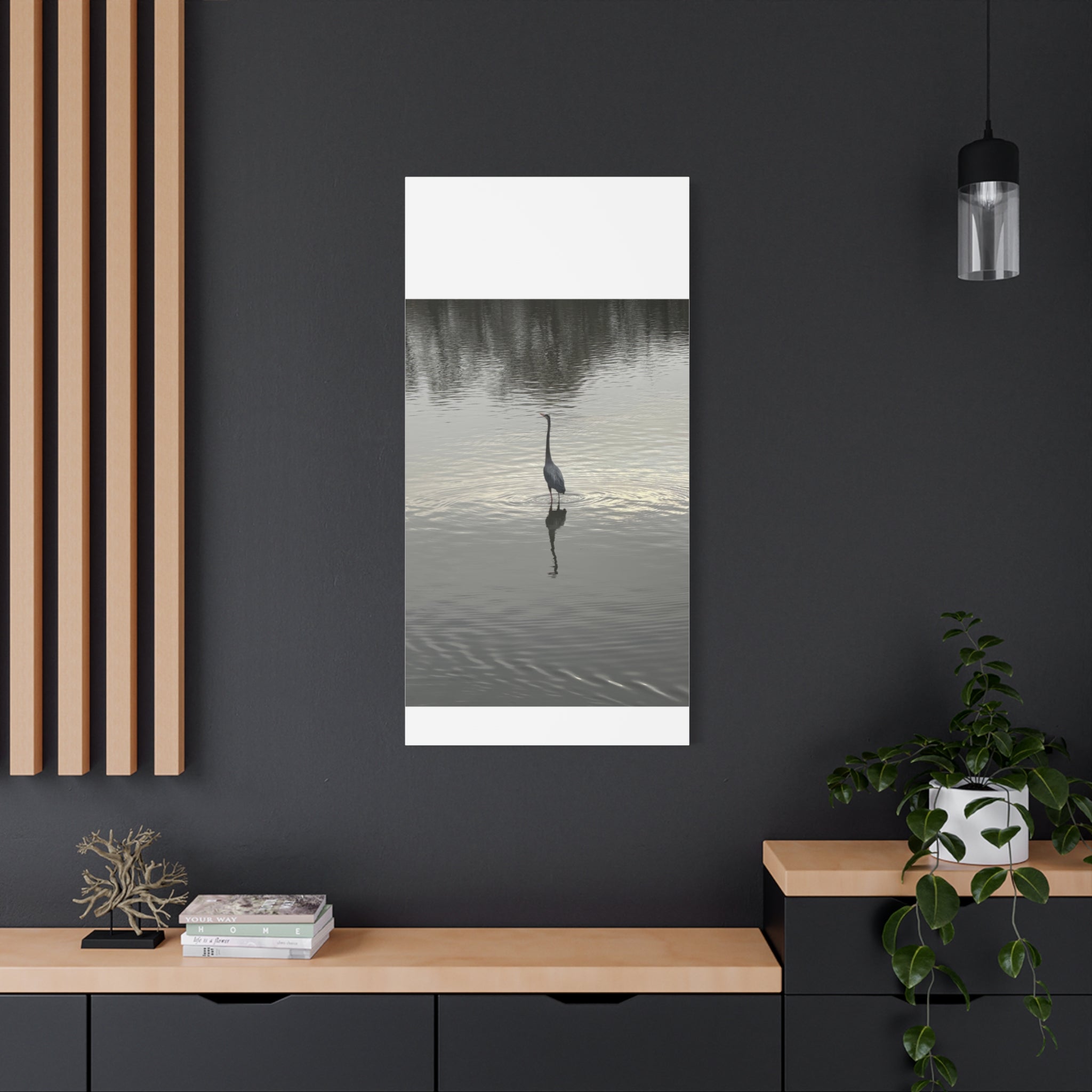 Lake Life Blue Heron Reflection Matte Stretched Canvas – Serene Wall Art
