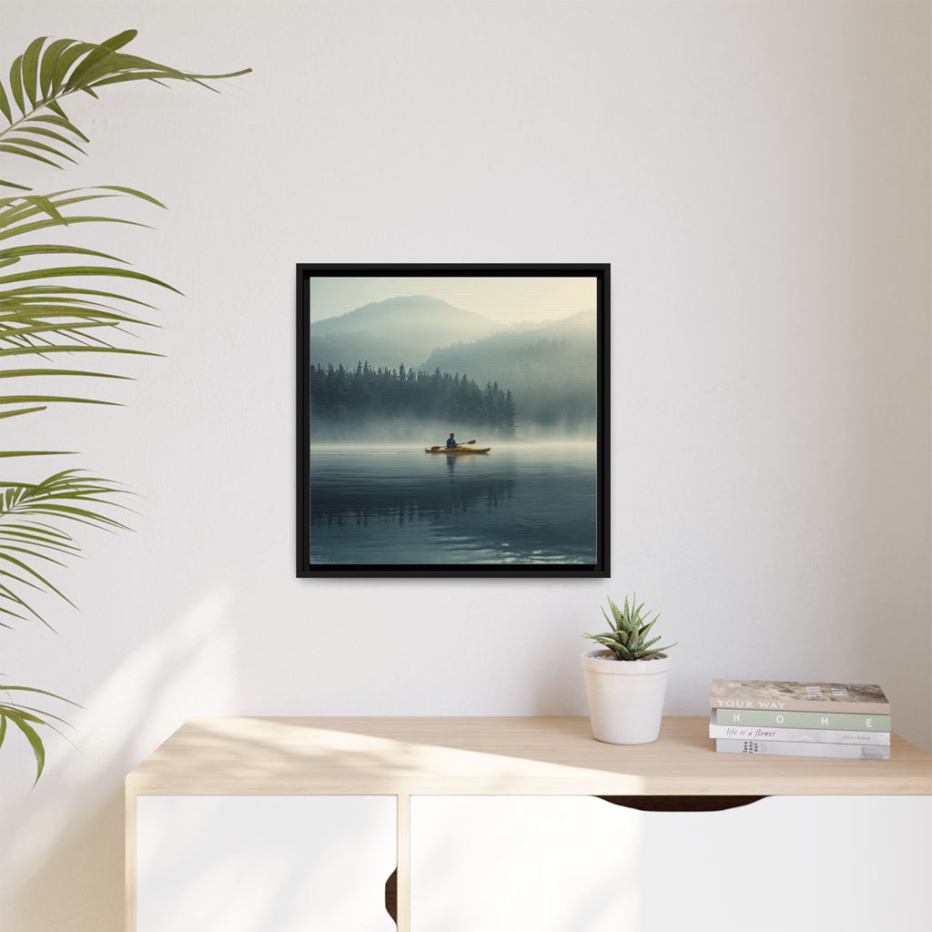 Lake Life Framed Matte Canvas: Misty Lake Kayaker Wall Art