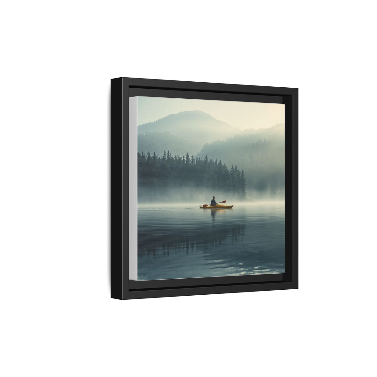 Lake Life Framed Matte Canvas: Misty Lake Kayaker Wall Art