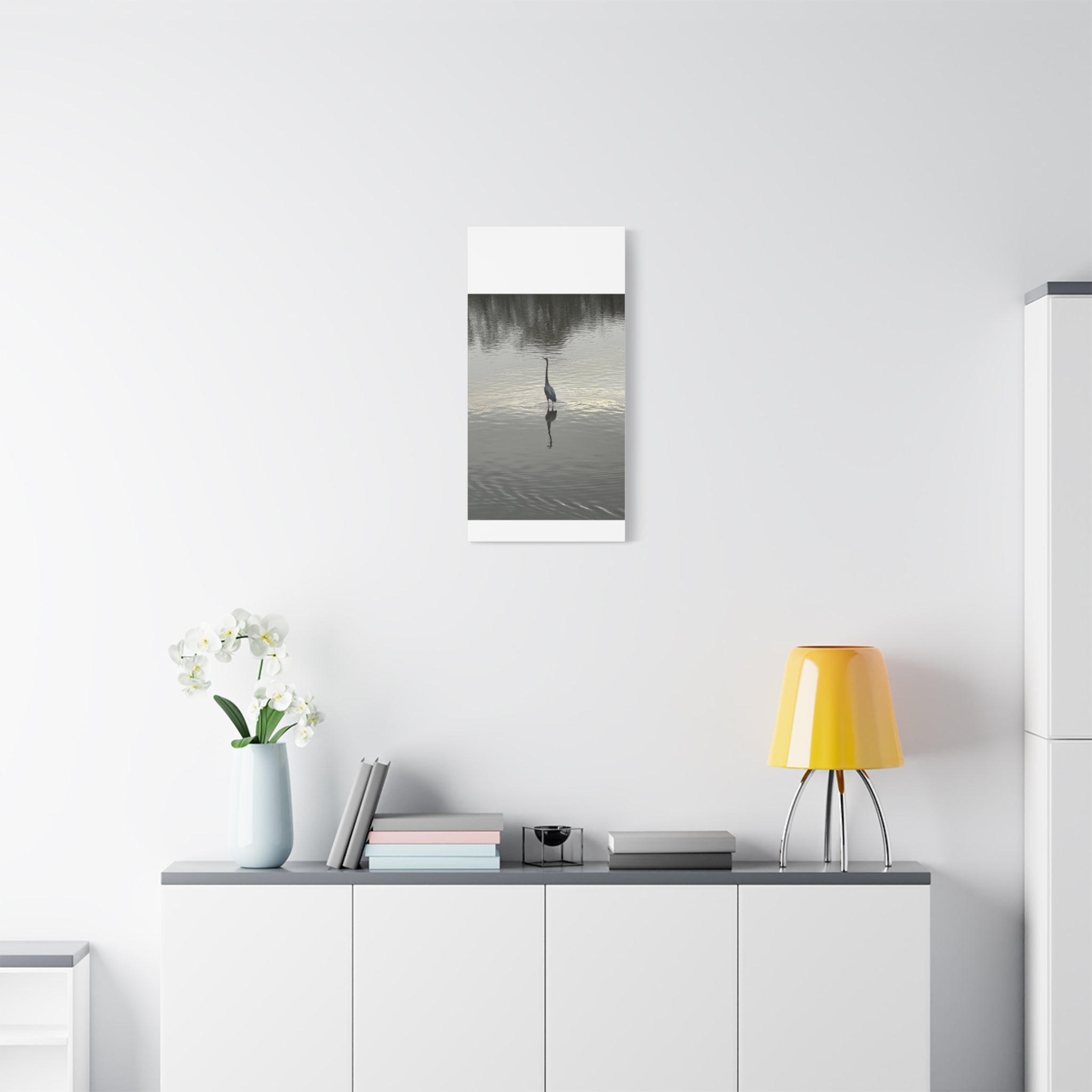 Lake Life Blue Heron Reflection Matte Stretched Canvas – Serene Wall Art