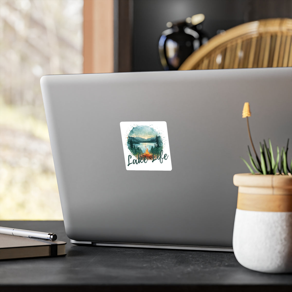 Lake Life Vinyl Sticker — Waterproof Kiss-Cut Camping Sticker with Campfire & Mountain Lake Design