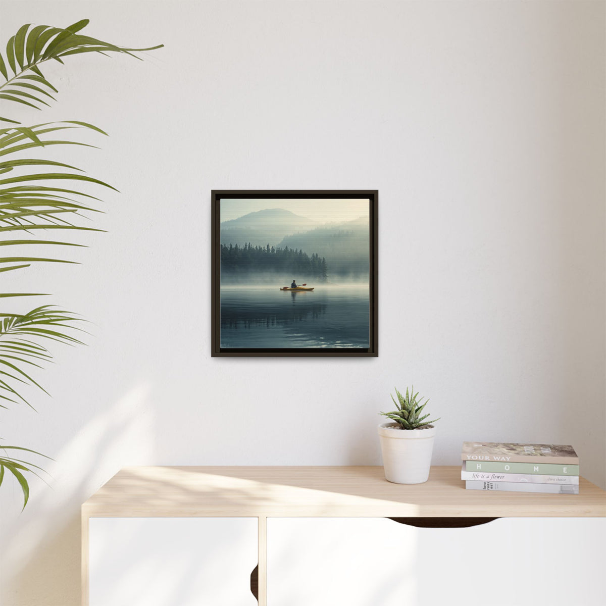 Lake Life Framed Matte Canvas: Misty Lake Kayaker Wall Art