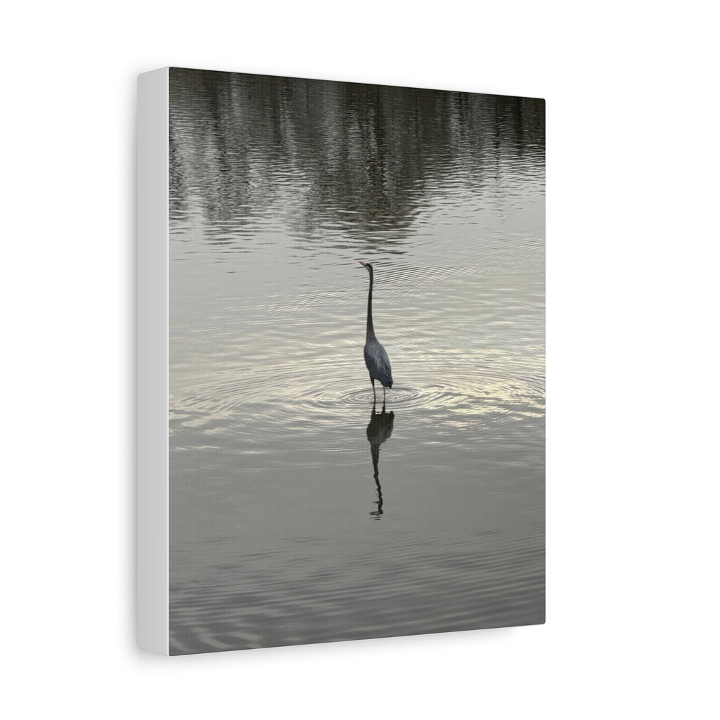 Lake Life Blue Heron Reflection Matte Stretched Canvas – Serene Wall Art