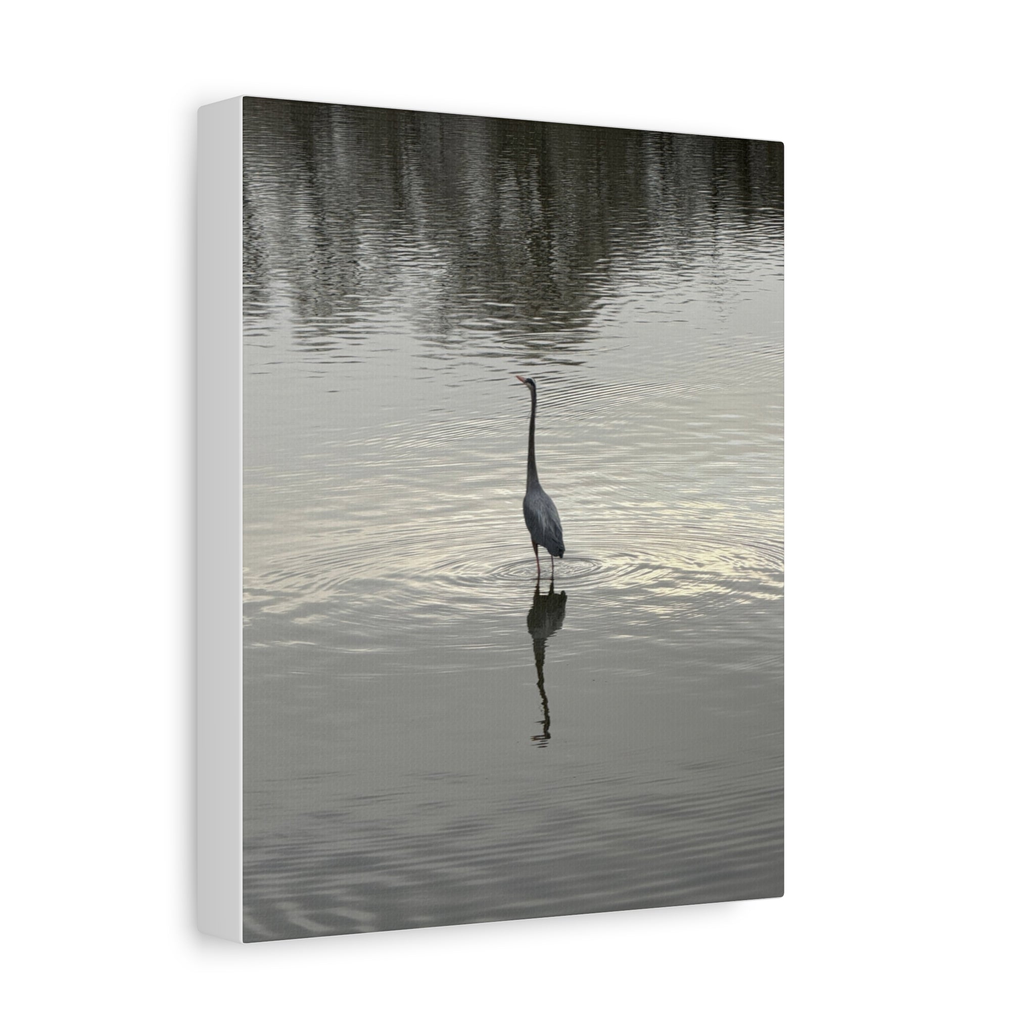 Lake Life Blue Heron Reflection Matte Stretched Canvas – Serene Wall Art