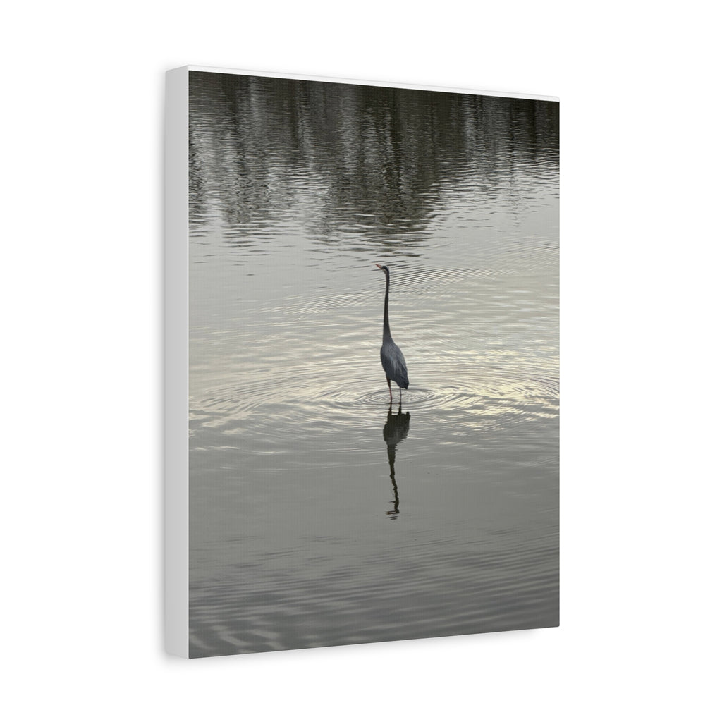 Lake Life Blue Heron Reflection Matte Stretched Canvas – Serene Wall Art