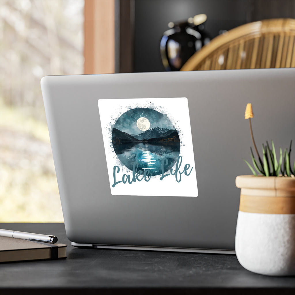 Lake Life Vinyl Sticker — Moonlit Mountain Lake Kiss-Cut Decal