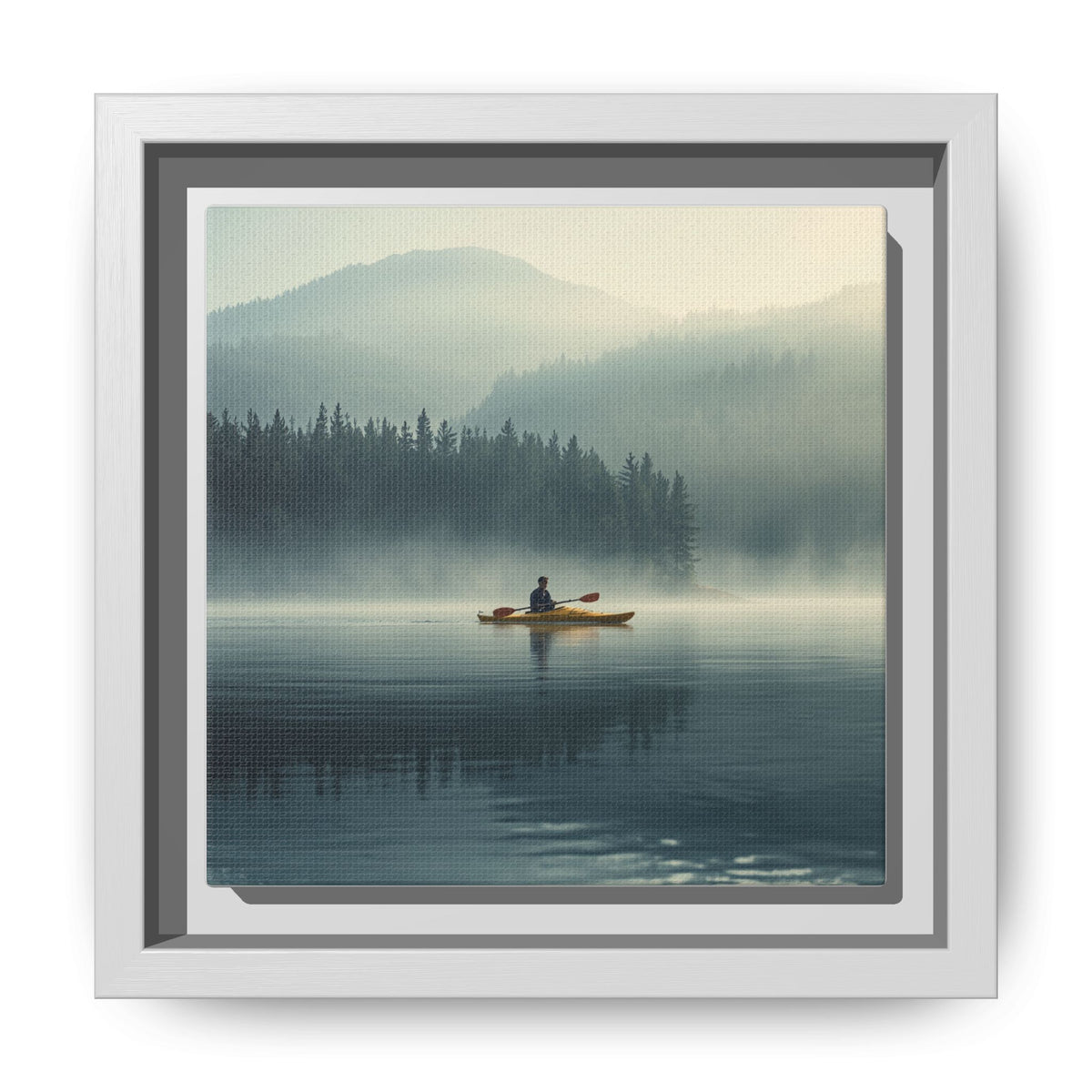 Lake Life Framed Matte Canvas: Misty Lake Kayaker Wall Art