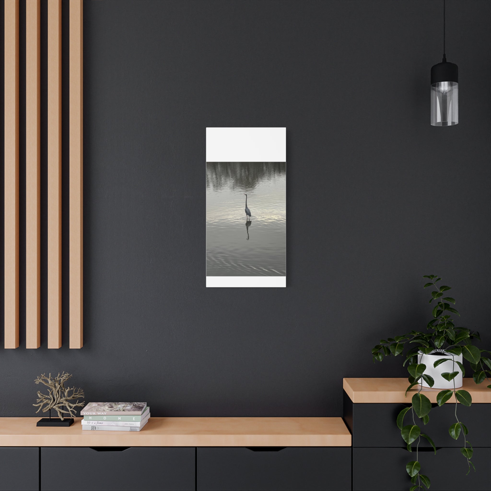 Lake Life Blue Heron Reflection Matte Stretched Canvas – Serene Wall Art