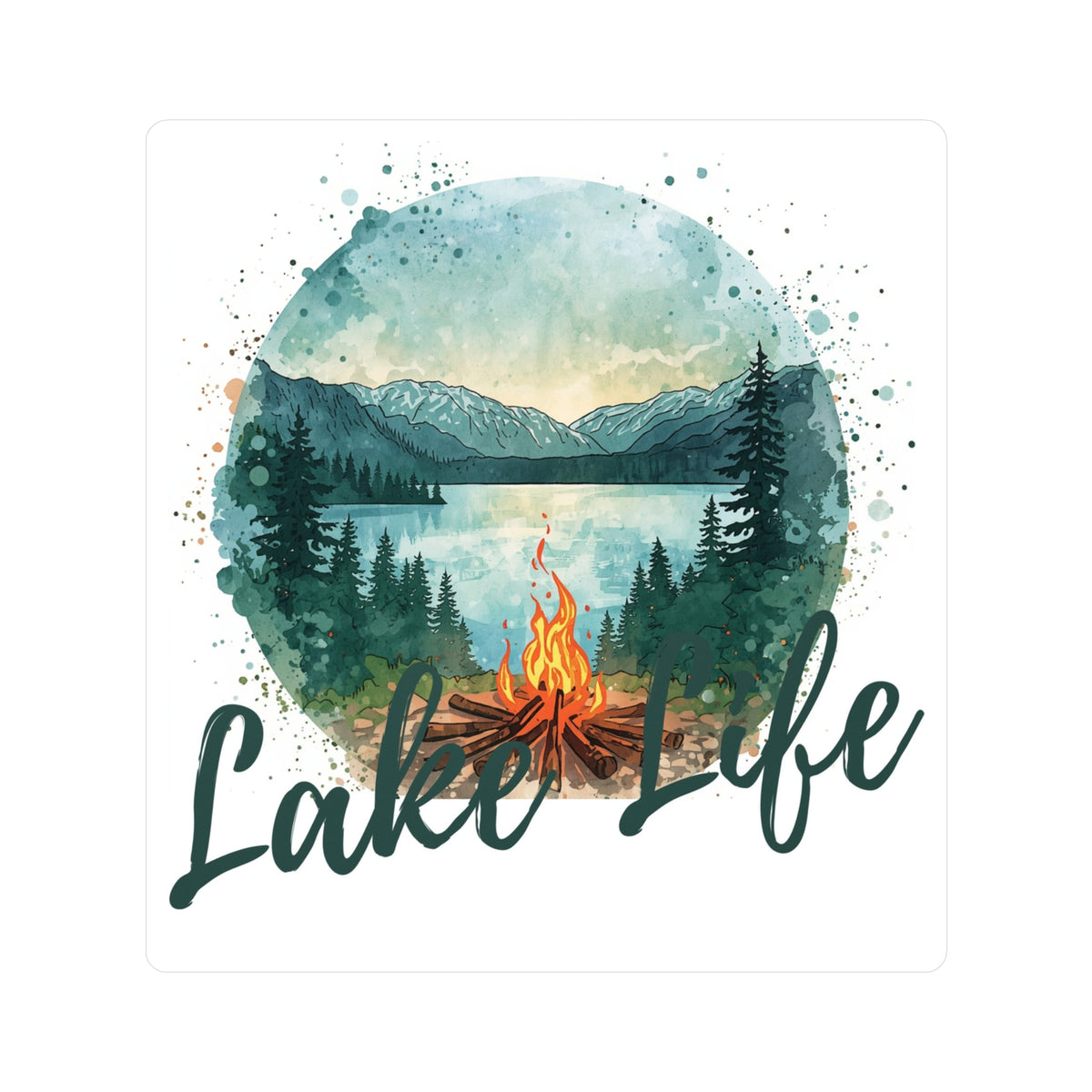Lake Life Vinyl Sticker — Waterproof Kiss-Cut Camping Sticker with Campfire & Mountain Lake Design