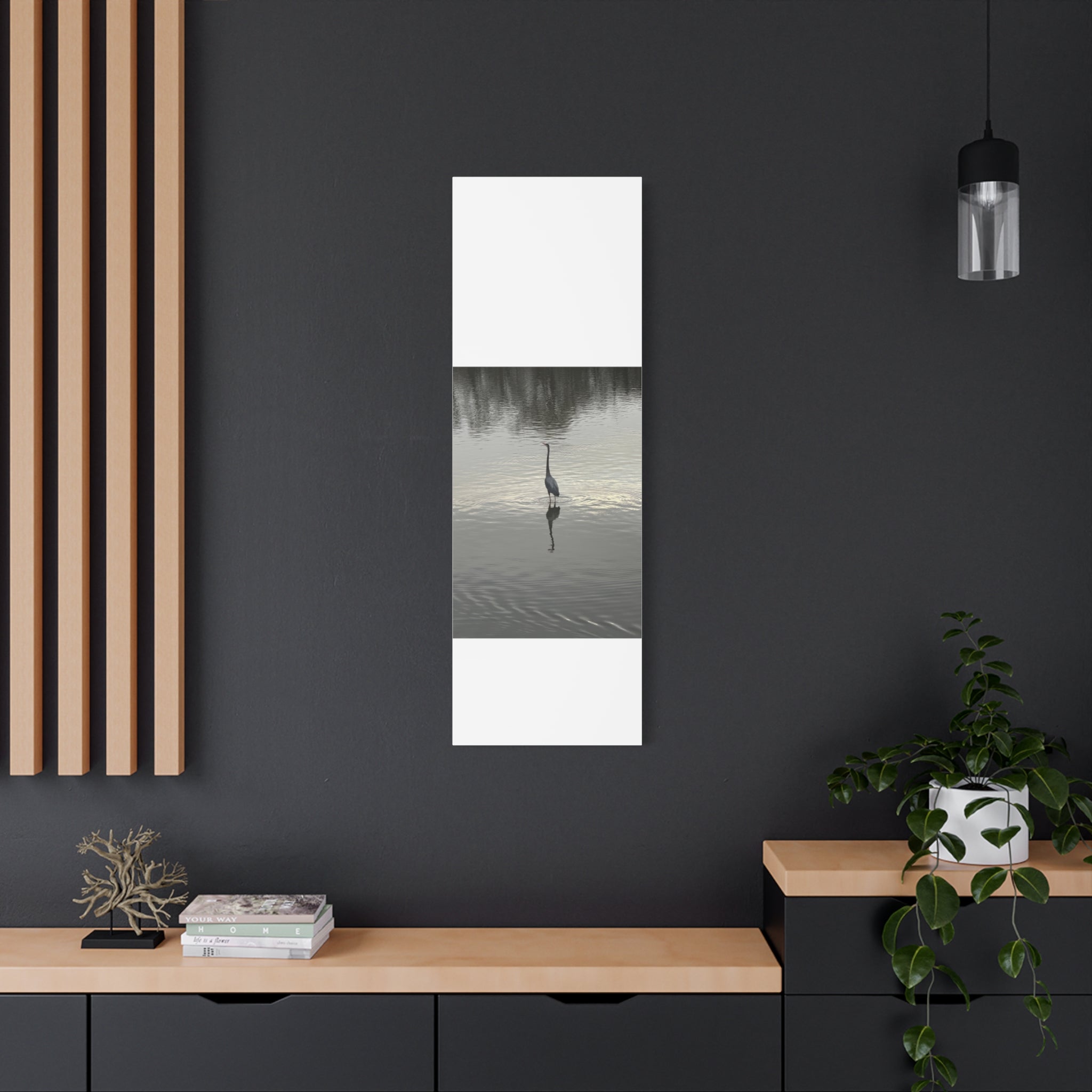 Lake Life Blue Heron Reflection Matte Stretched Canvas – Serene Wall Art
