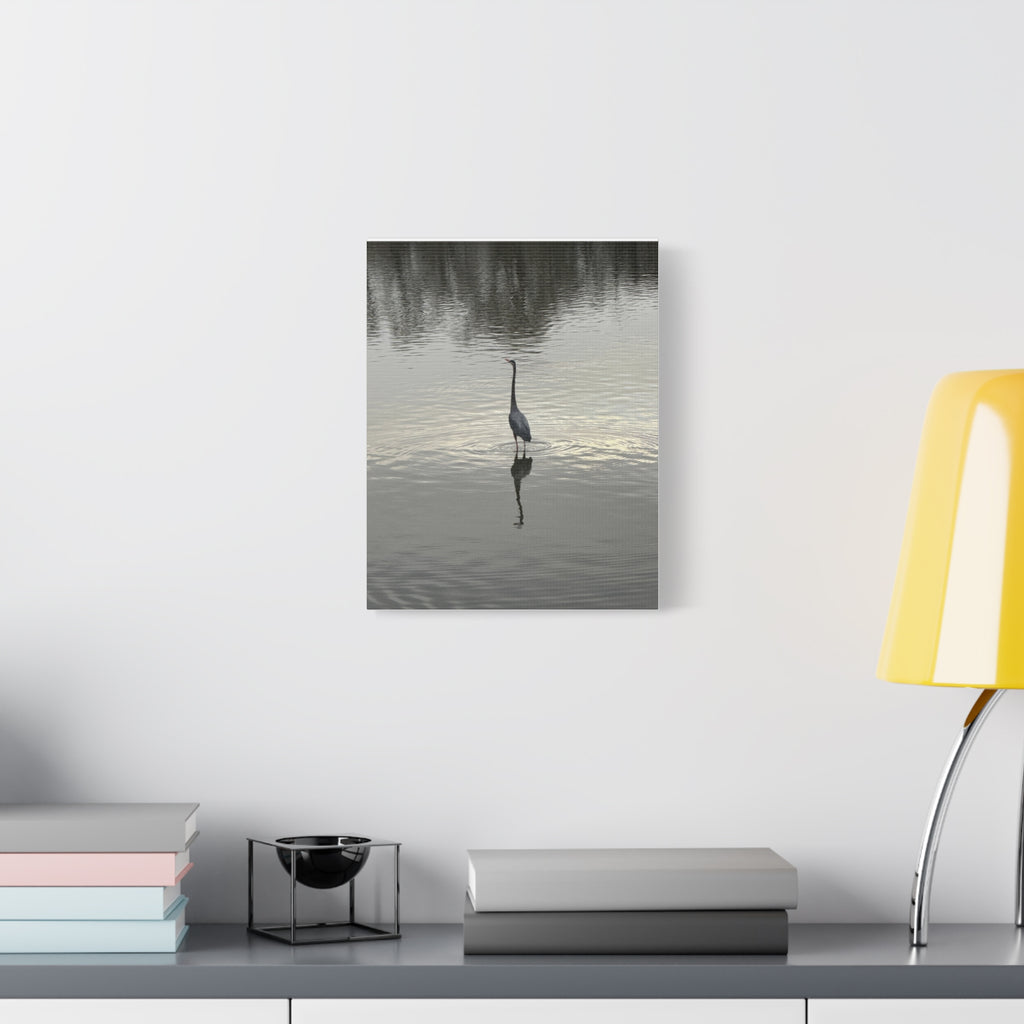 Lake Life Blue Heron Reflection Matte Stretched Canvas – Serene Wall Art