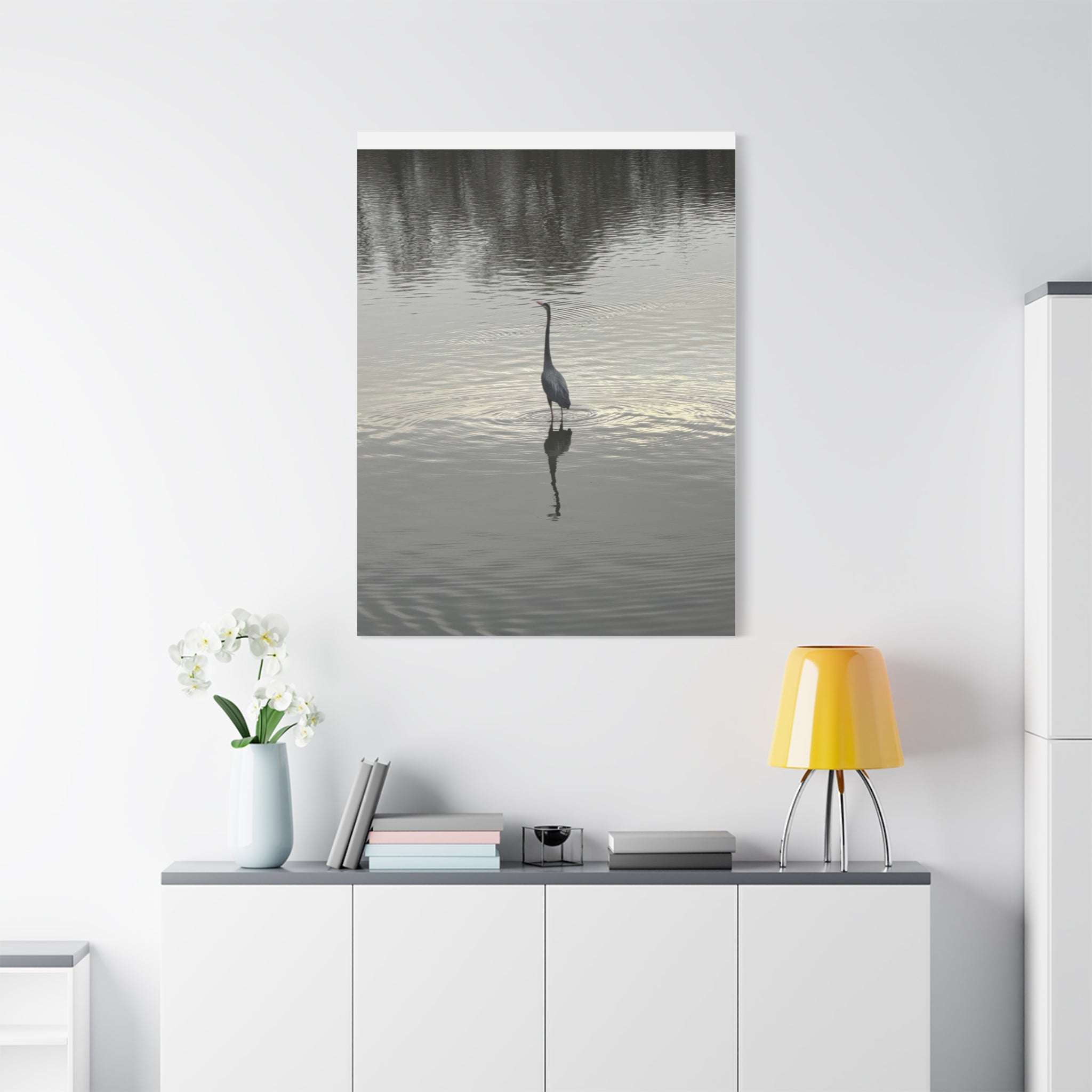 Lake Life Blue Heron Reflection Matte Stretched Canvas – Serene Wall Art