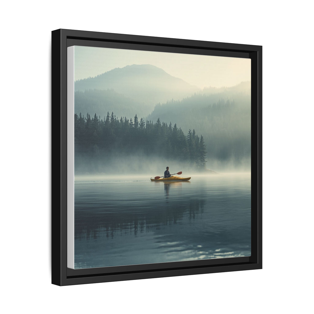 Lake Life Framed Matte Canvas: Misty Lake Kayaker Wall Art