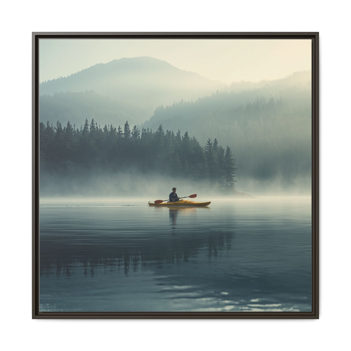 Lake Life Framed Matte Canvas: Misty Lake Kayaker Wall Art