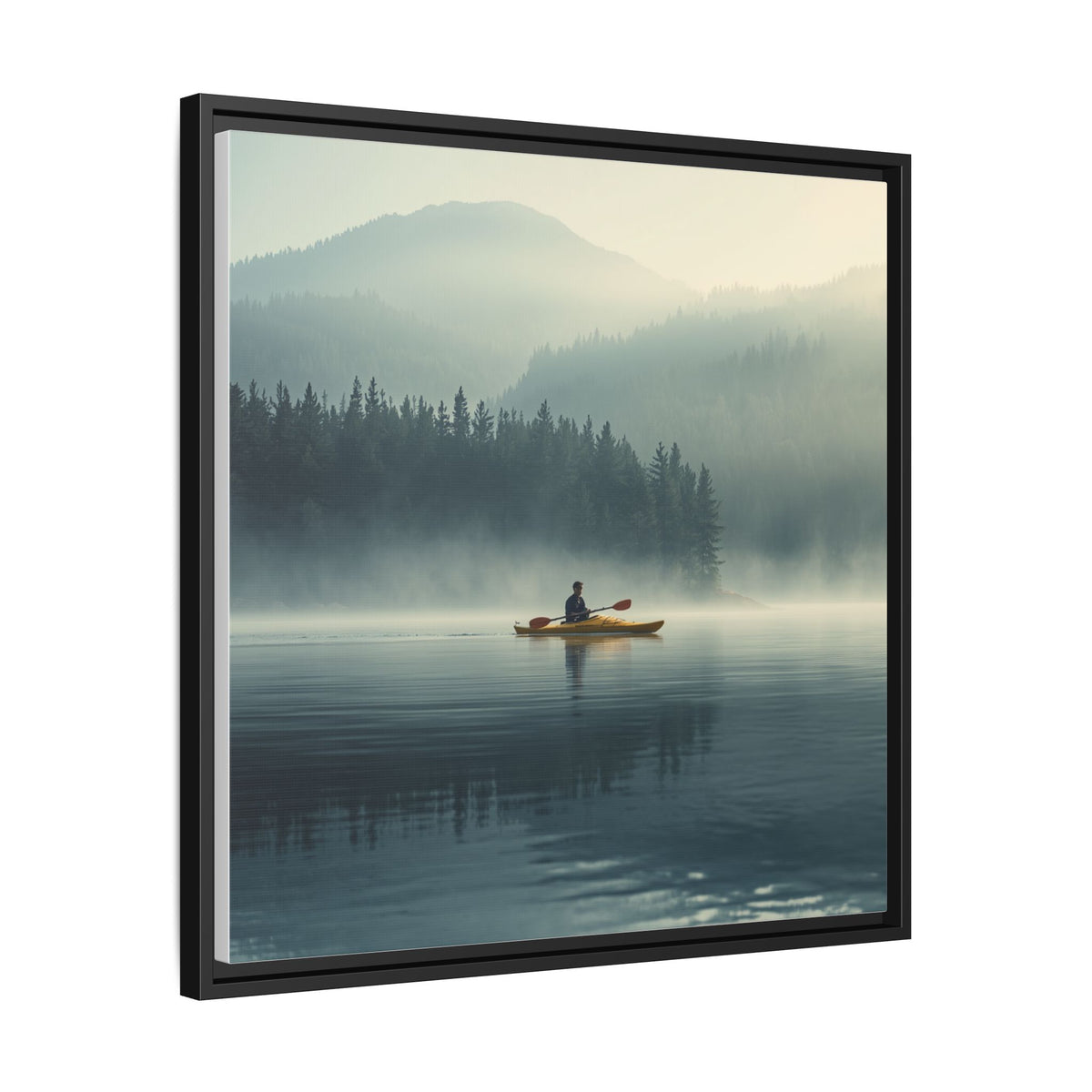 Lake Life Framed Matte Canvas: Misty Lake Kayaker Wall Art