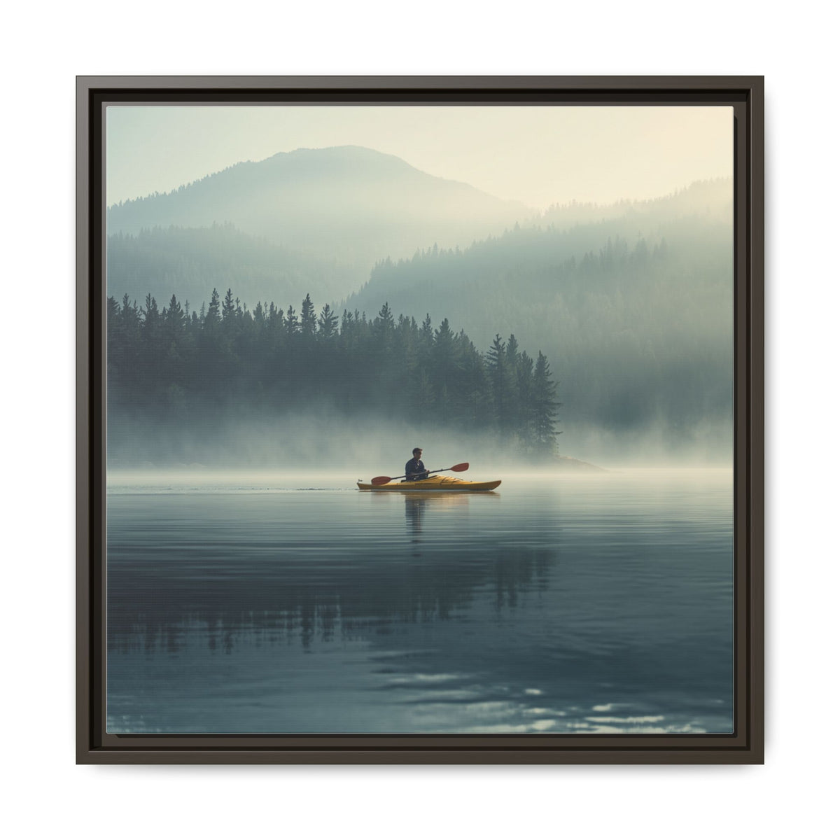 Lake Life Framed Matte Canvas: Misty Lake Kayaker Wall Art