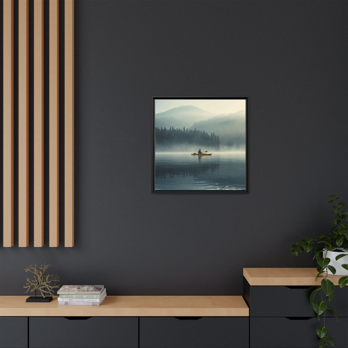 Lake Life Framed Matte Canvas: Misty Lake Kayaker Wall Art