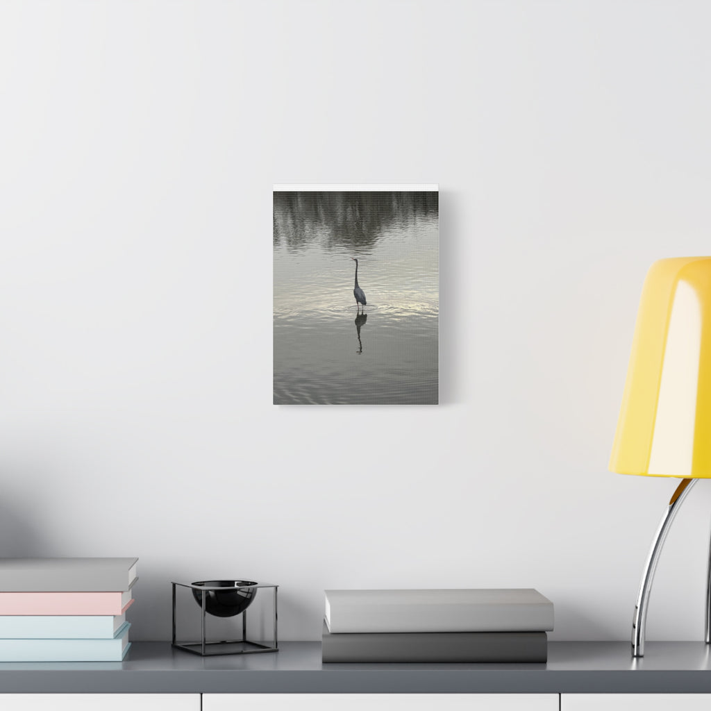 Lake Life Blue Heron Reflection Matte Stretched Canvas – Serene Wall Art