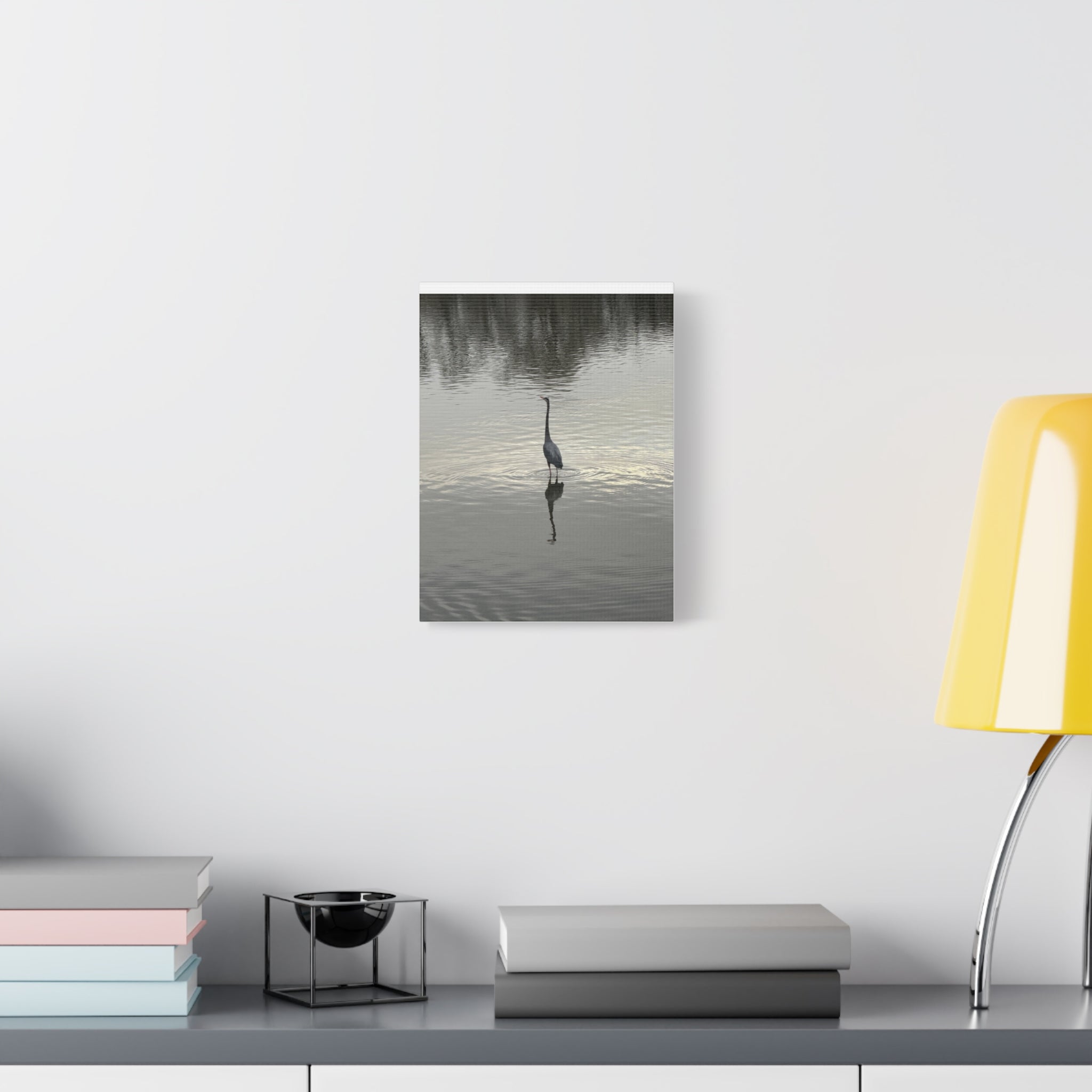 Lake Life Blue Heron Reflection Matte Stretched Canvas – Serene Wall Art