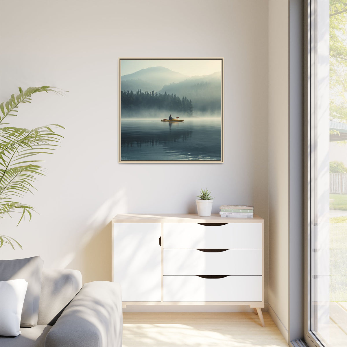 Lake Life Framed Matte Canvas: Misty Lake Kayaker Wall Art